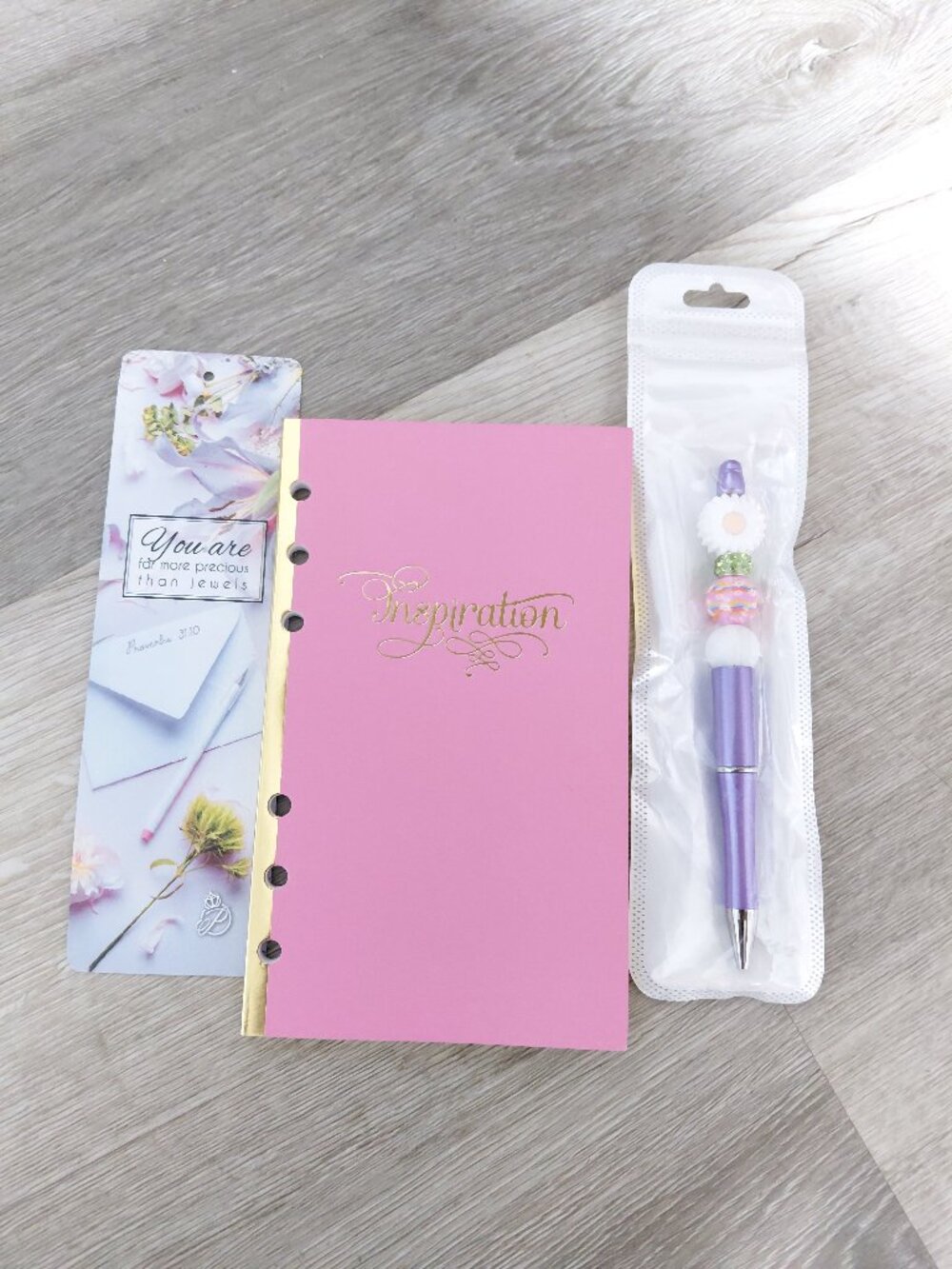 Pink Inspirational Recollection Planner, Faith Bookmark, Purple Flower Pen